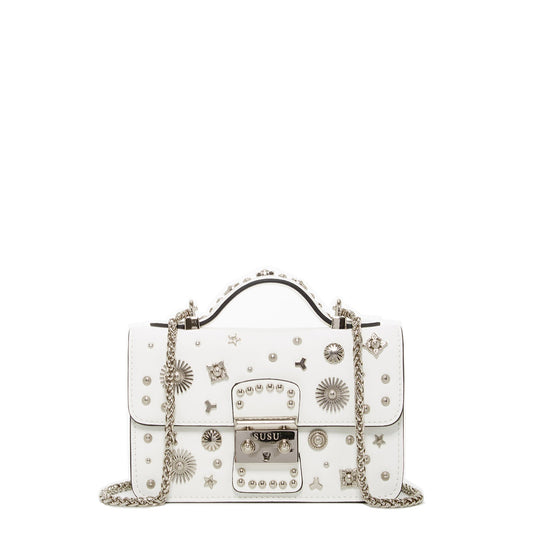 Women's White Leather Crossbody Bag - SUSU Hollywood Small Studded Purse - Diazza